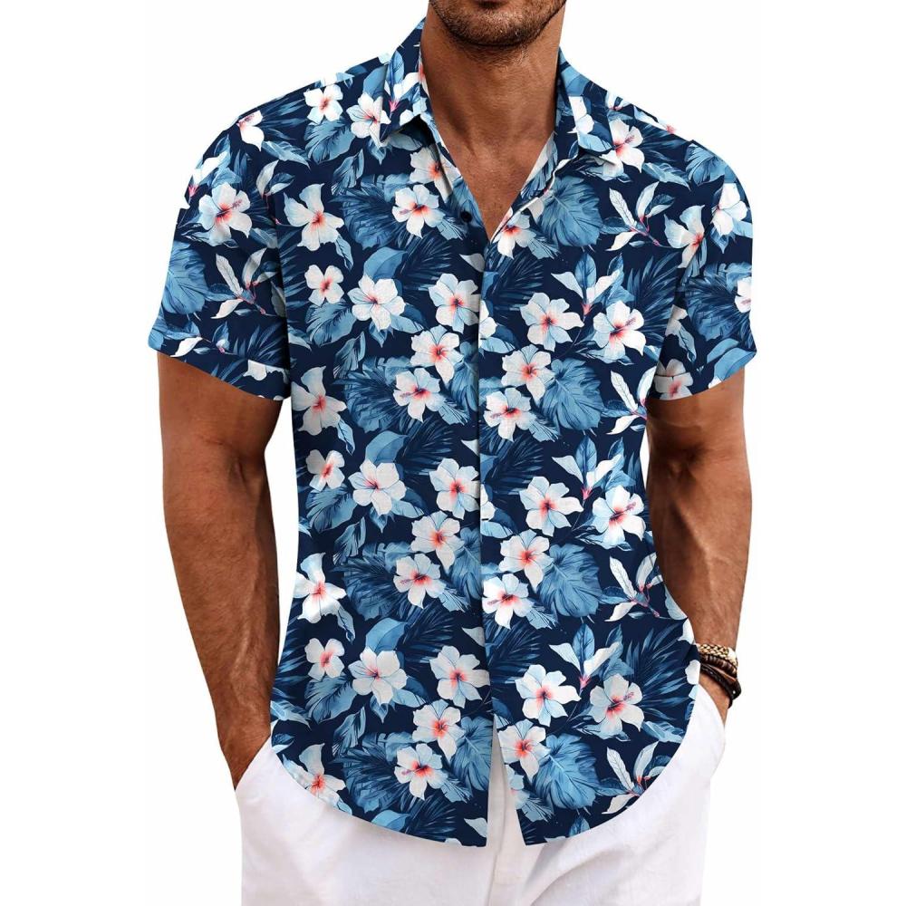imageCOOFANDY Mens Linen Shirts Short Sleeve Casual Shirts Button Down Shirt for Men Beach Summer Wedding ShirtFloraldeep Blue White