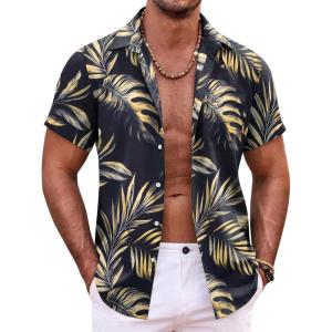COOFANDY Mens Hawaiian Shirt Short Sleeve Button Down Shirts Tropical Summer Beach Shirts Casual Floral Aloha Shirts(Black Golden Leaves)
