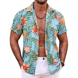 COOFANDY Mens Hawaiian Shirt Short Sleeve Button Down Shirts Tropical Summer Beach Shirts Casual Floral Aloha Shirts(Blue Red Khaki Floral)
