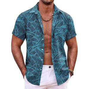 COOFANDY Mens Hawaiian Shirt Short Sleeve Button Down Shirts Tropical Summer Beach Shirts Casual Floral Aloha Shirts(Green Black Leaves)