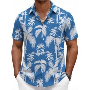 COOFANDY Mens Hawaiian Shirts Short Sleeve Button Down Aloha Shirts Summer Vacation Beach Shirts(Blue-coconut Tree)