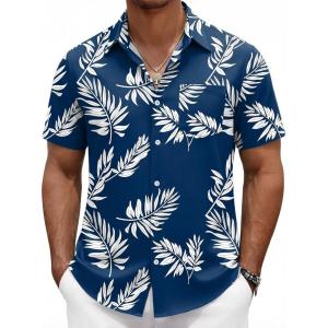 COOFANDY Mens Hawaiian Shirts Short Sleeve Button Down Aloha Shirts Summer Vacation Beach Shirts(Navy-palm Leaf)