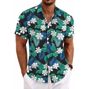 COOFANDY Men’s Linen Shirts Short Sleeve Casual Shirts Button Down Shirt for Men Beach Summer Wedding Shirt(Black Floral)