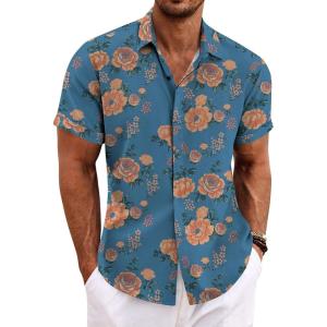 COOFANDY Men’s Linen Shirts Short Sleeve Casual Shirts Button Down Shirt for Men Beach Summer Wedding Shirt(Floral Painting-grey Blue)
