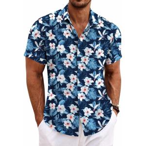 COOFANDY Men’s Linen Shirts Short Sleeve Casual Shirts Button Down Shirt for Men Beach Summer Wedding Shirt(Floral-deep Blue White)