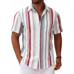 COOFANDY Men’s Button Down Short Sleeve Shirt Casual Cotton Summer Beach Linen Wedding Shirts with Pocket(Retro Stripe)