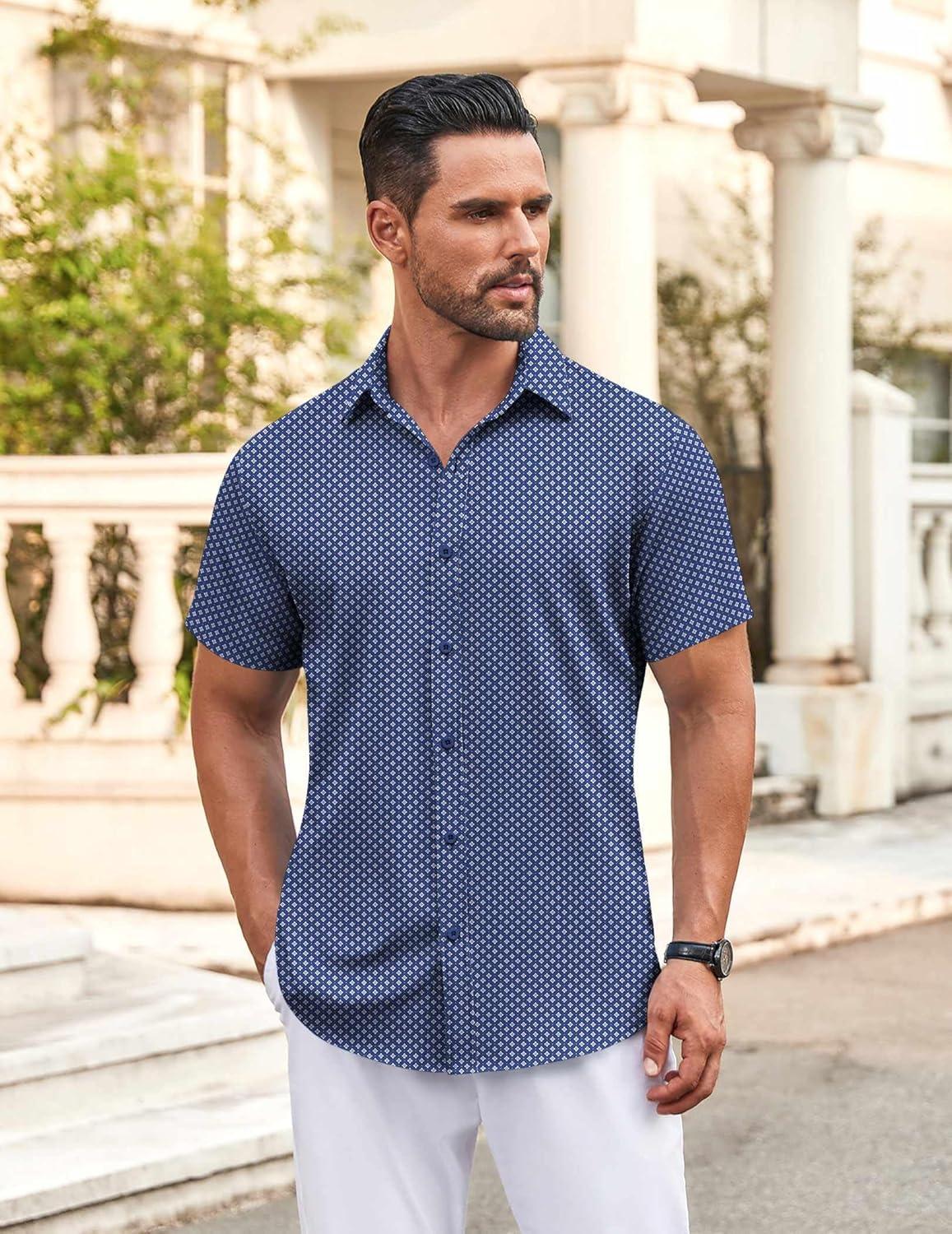 imageCOOFANDY Mens Button Down Shirt Short Sleeve Dress Shirt Casual Beach Summer Wedding ShirtNavy Bluewhite Flower
