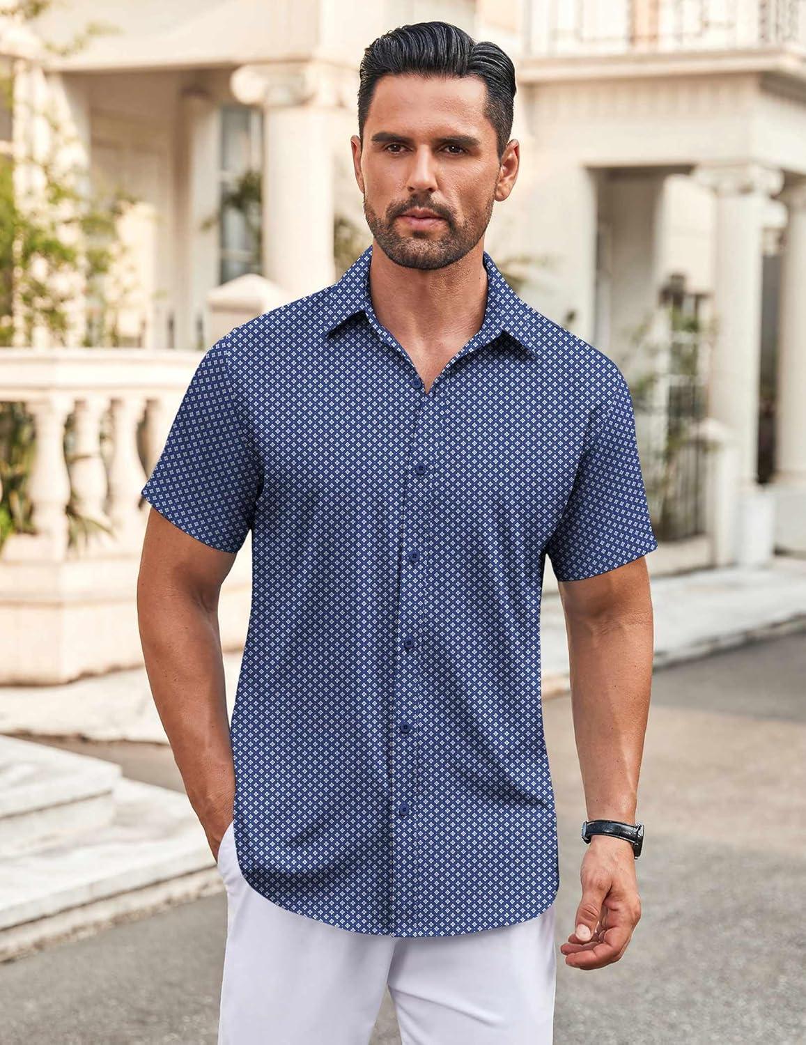 imageCOOFANDY Mens Button Down Shirt Short Sleeve Dress Shirt Casual Beach Summer Wedding ShirtNavy Bluewhite Flower
