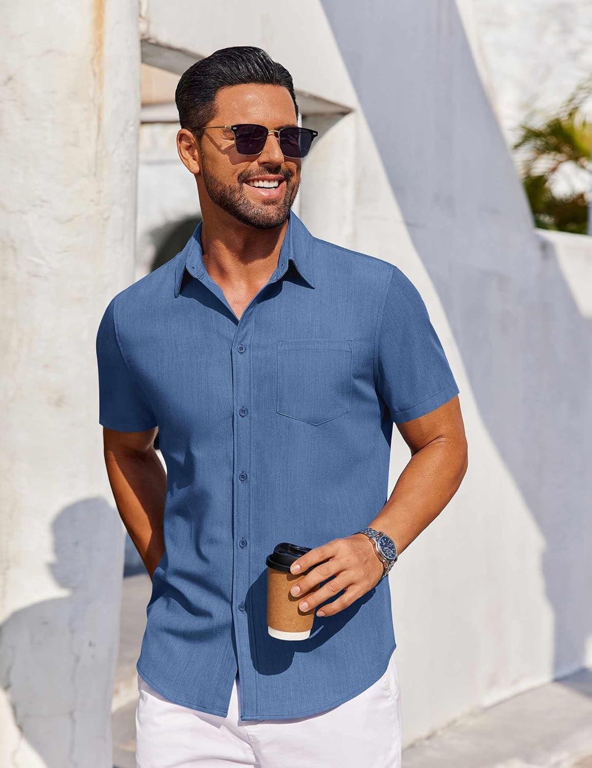 imageCOOFANDY Mens Button Up Shirts Short Sleeve Untucked Shirt Summer Shirts for Men Casual Dress Shirts Blue