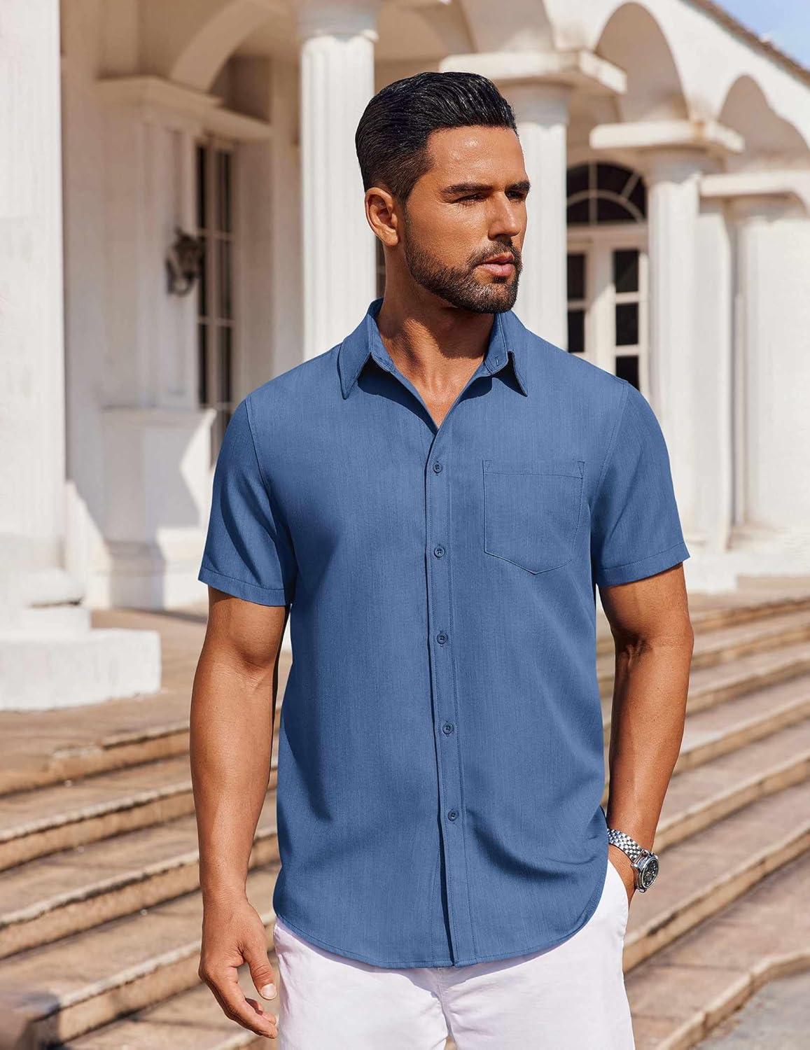 imageCOOFANDY Mens Button Up Shirts Short Sleeve Untucked Shirt Summer Shirts for Men Casual Dress Shirts Blue