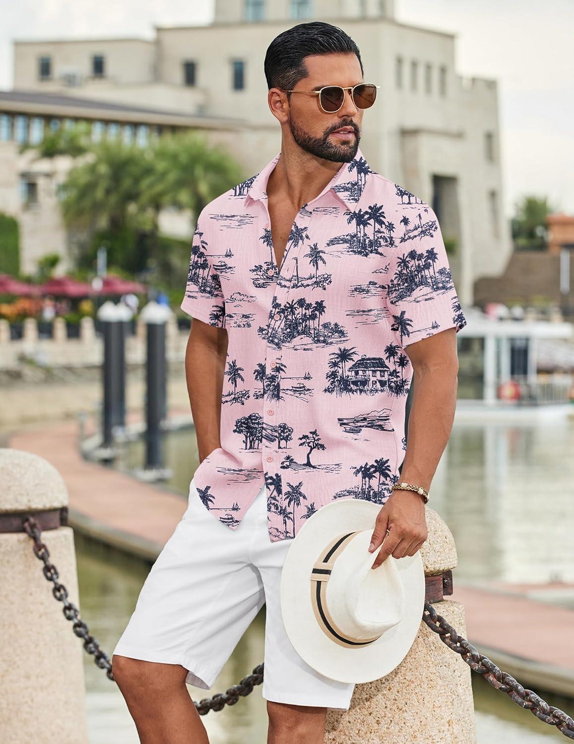 imageCOOFANDY Mens Casual Button Down Shirts Short Sleeve Textured Summer Beach ShirtPinktropical Style