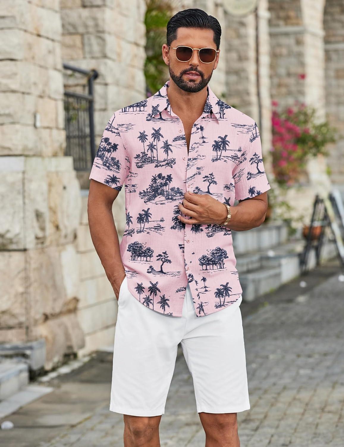 imageCOOFANDY Mens Casual Button Down Shirts Short Sleeve Textured Summer Beach ShirtPinktropical Style