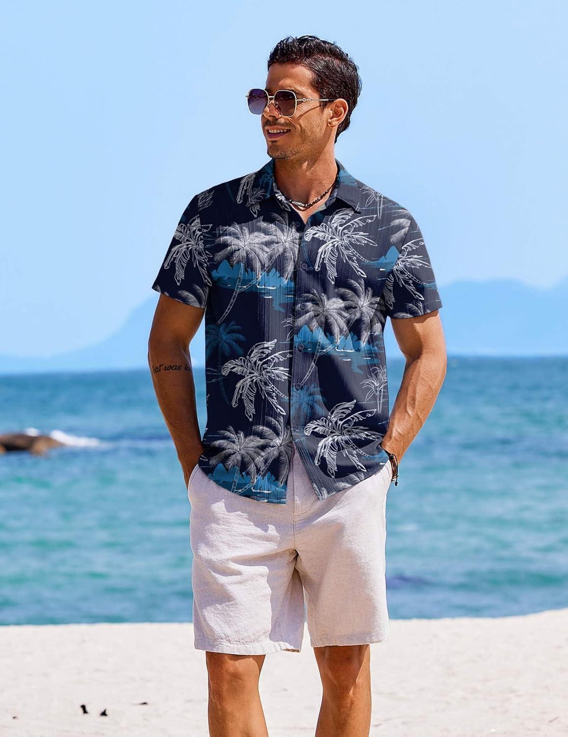 imageCOOFANDY Mens Casual Button Down Shirts Short Sleeve Textured Summer Beach ShirtsBlackcoconut Tree