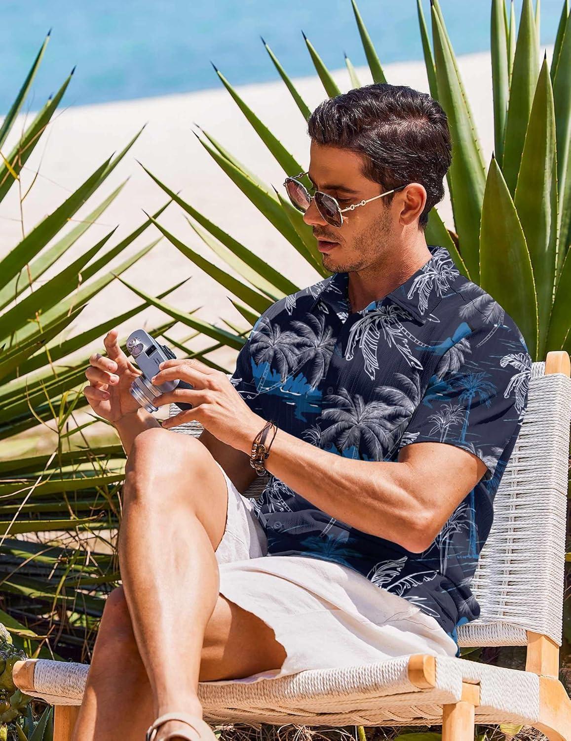 imageCOOFANDY Mens Casual Button Down Shirts Short Sleeve Textured Summer Beach ShirtsBlackcoconut Tree