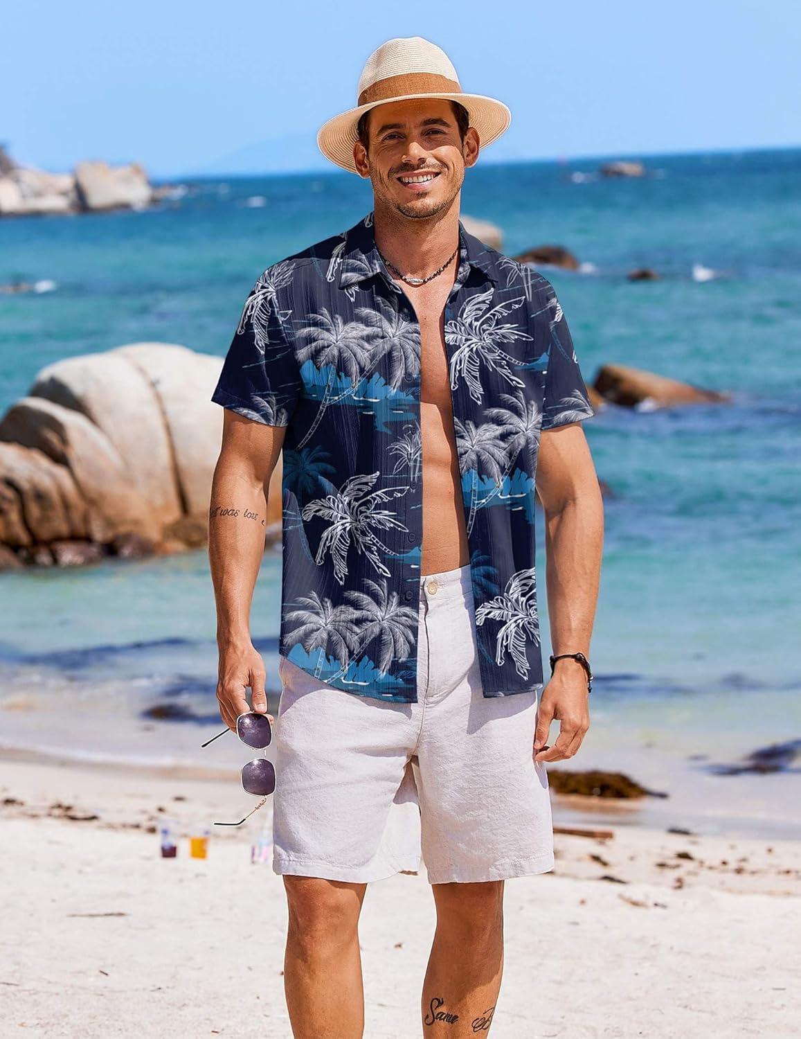 imageCOOFANDY Mens Casual Button Down Shirts Short Sleeve Textured Summer Beach ShirtsBlackcoconut Tree