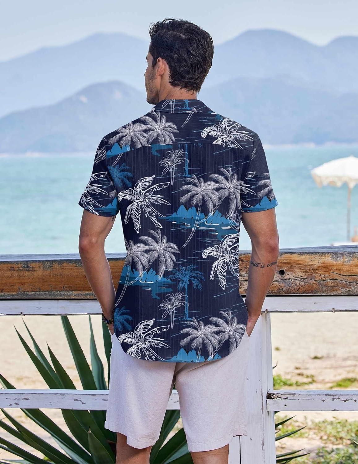 imageCOOFANDY Mens Casual Button Down Shirts Short Sleeve Textured Summer Beach ShirtsBlackcoconut Tree