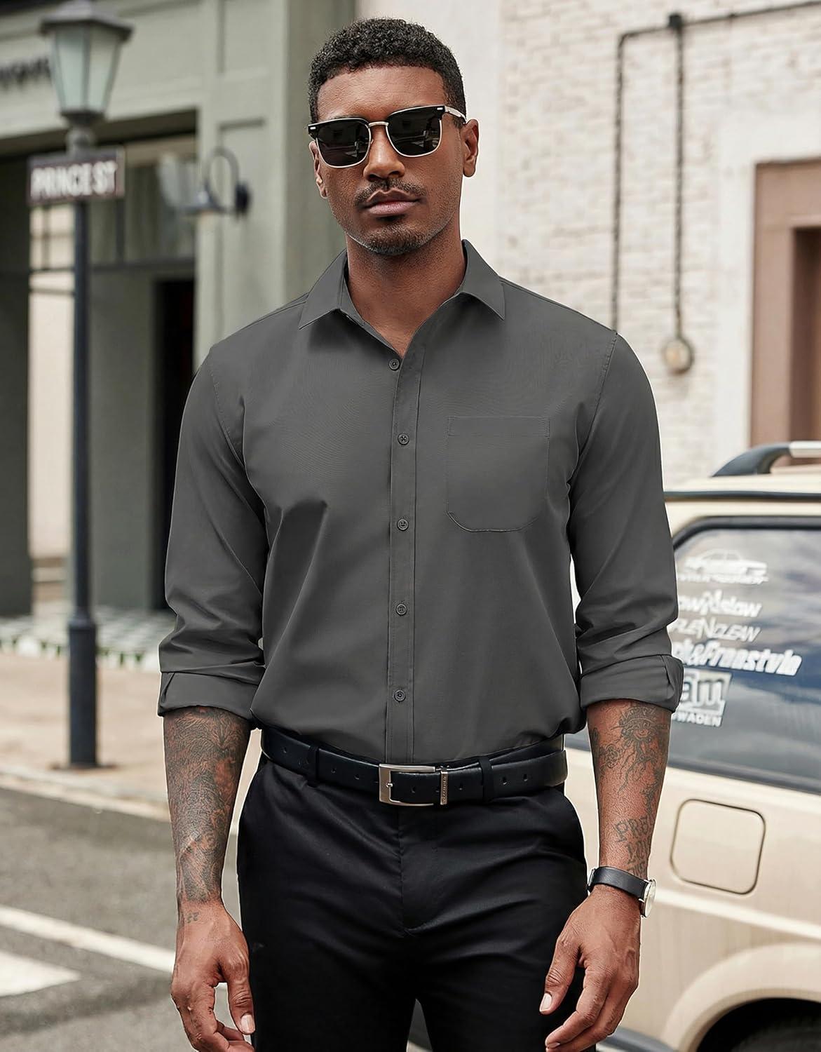 imageCOOFANDY Mens Dress Shirts Long Sleeve Button Down Formal Shirt Regular Fit Solid Business Casual ShirtsDark Grey
