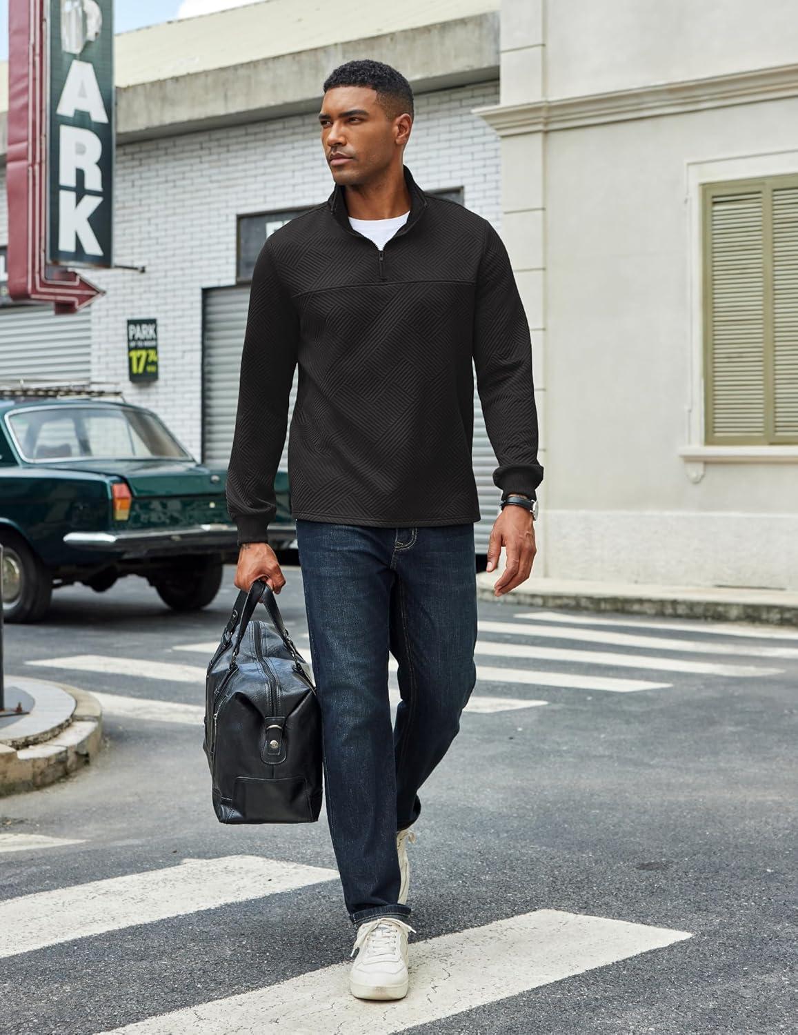 imageCOOFANDY Mens Quarter Zip Pullover Lightweight Textured Sweatshirt Long Sleeve Casual Mock Neck Polo ShirtsAll Black