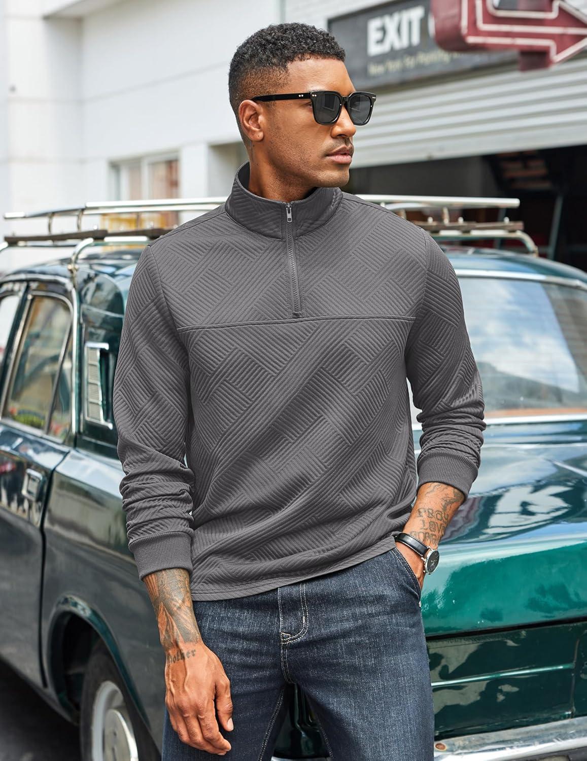 imageCOOFANDY Mens Quarter Zip Pullover Lightweight Textured Sweatshirt Long Sleeve Casual Mock Neck Polo ShirtsDark Grey