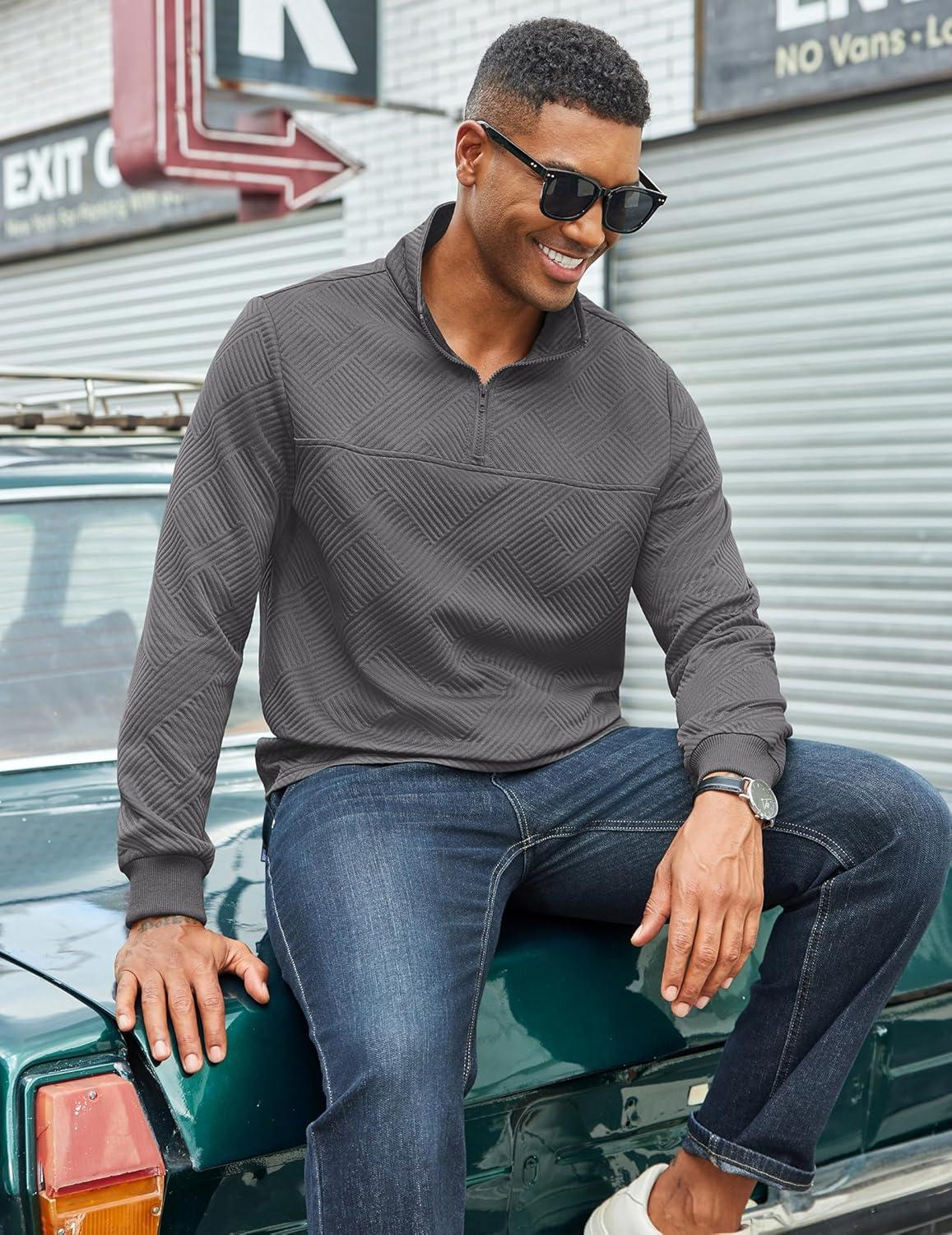 imageCOOFANDY Mens Quarter Zip Pullover Lightweight Textured Sweatshirt Long Sleeve Casual Mock Neck Polo ShirtsDark Grey