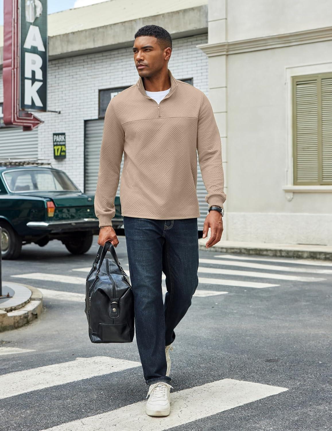 imageCOOFANDY Mens Quarter Zip Pullover Lightweight Textured Sweatshirt Long Sleeve Casual Mock Neck Polo ShirtsKhaki