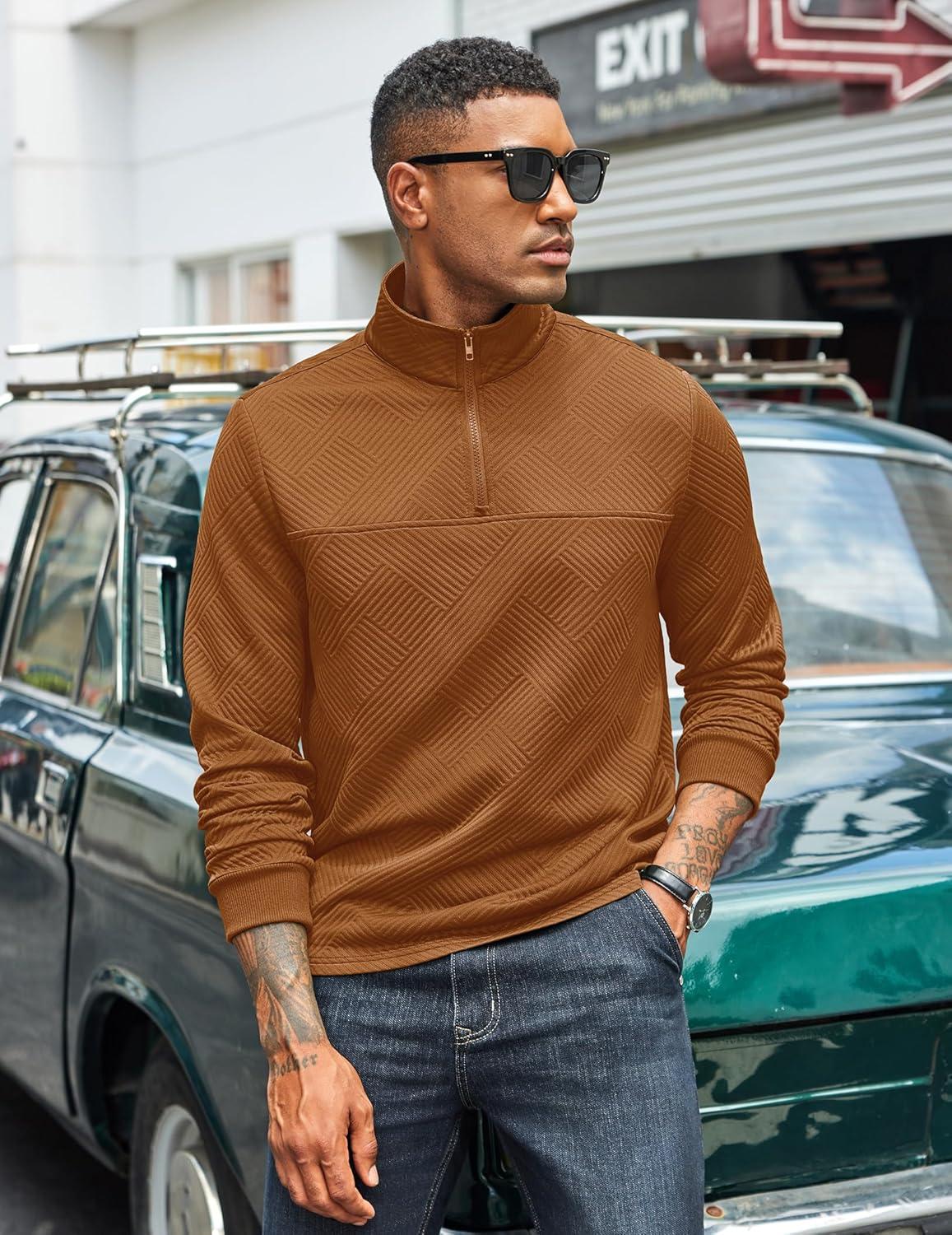 imageCOOFANDY Mens Quarter Zip Pullover Lightweight Textured Sweatshirt Long Sleeve Casual Mock Neck Polo ShirtsLight Brown