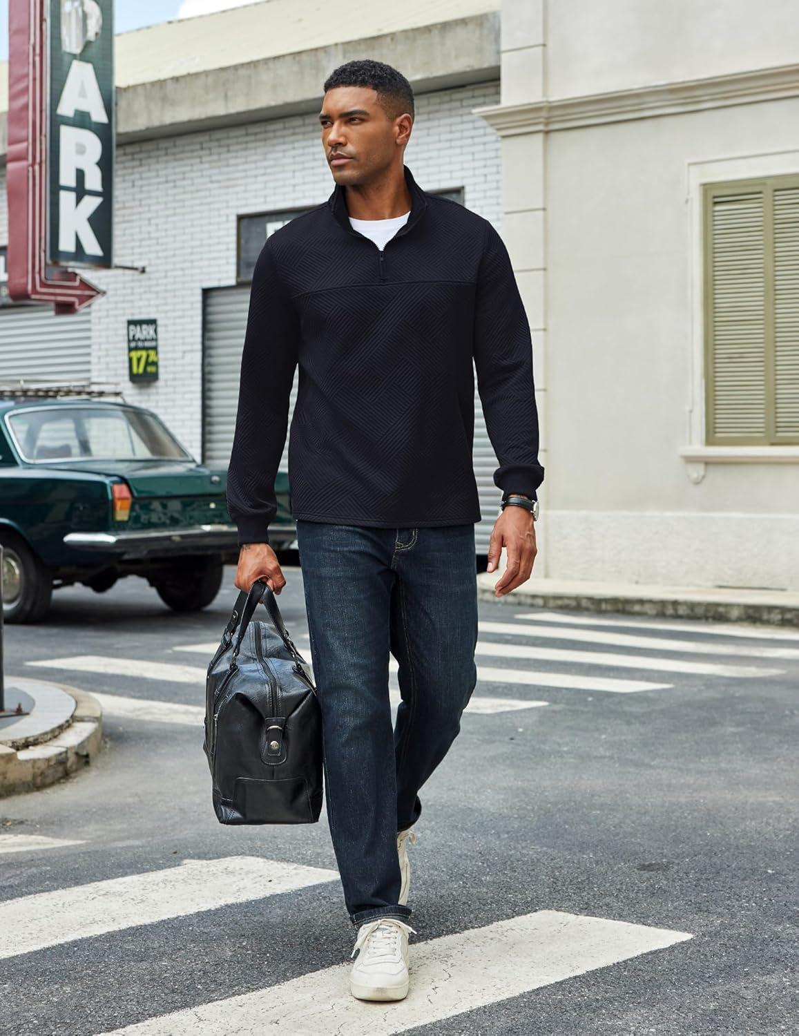 imageCOOFANDY Mens Quarter Zip Pullover Lightweight Textured Sweatshirt Long Sleeve Casual Mock Neck Polo ShirtsNavy Blue