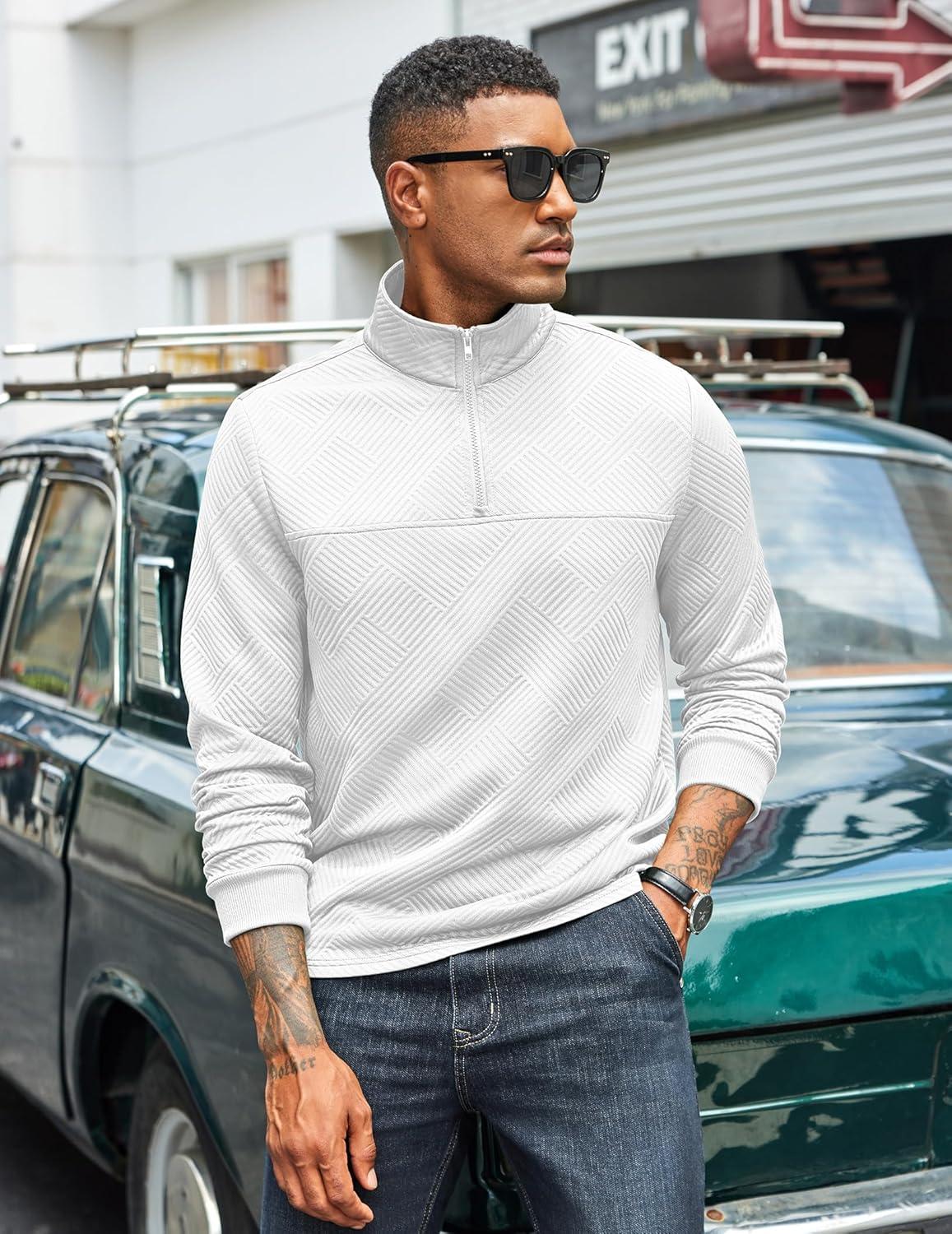 imageCOOFANDY Mens Quarter Zip Pullover Lightweight Textured Sweatshirt Long Sleeve Casual Mock Neck Polo ShirtsWhite