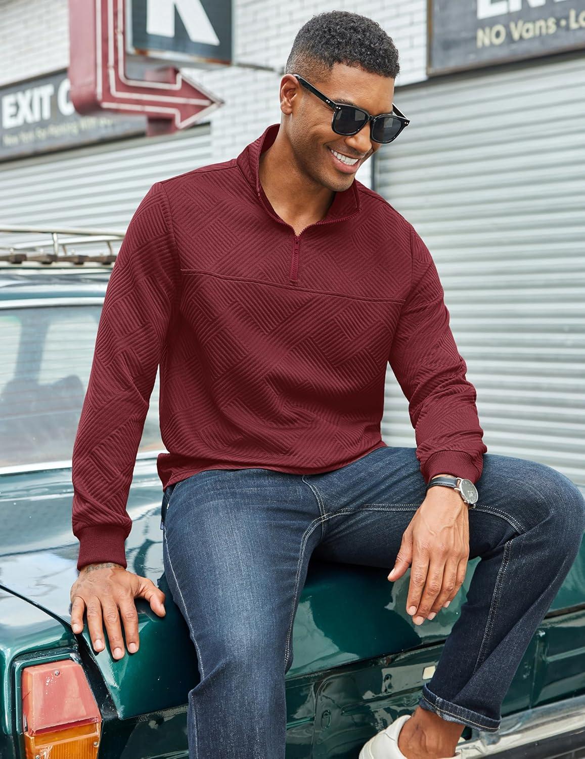 imageCOOFANDY Mens Quarter Zip Pullover Lightweight Textured Sweatshirt Long Sleeve Casual Mock Neck Polo ShirtsWine Red