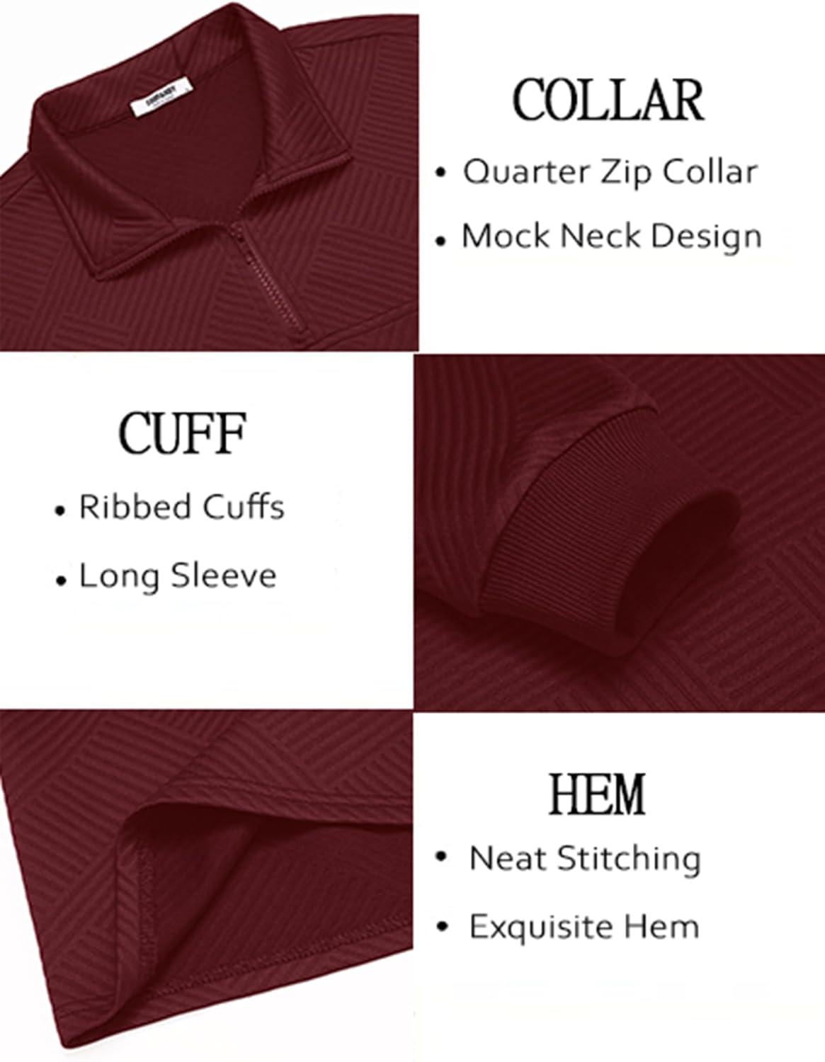 imageCOOFANDY Mens Quarter Zip Pullover Lightweight Textured Sweatshirt Long Sleeve Casual Mock Neck Polo ShirtsWine Red