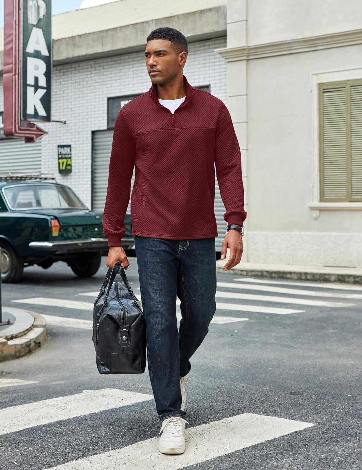 imageCOOFANDY Mens Quarter Zip Pullover Lightweight Textured Sweatshirt Long Sleeve Casual Mock Neck Polo ShirtsWine Red