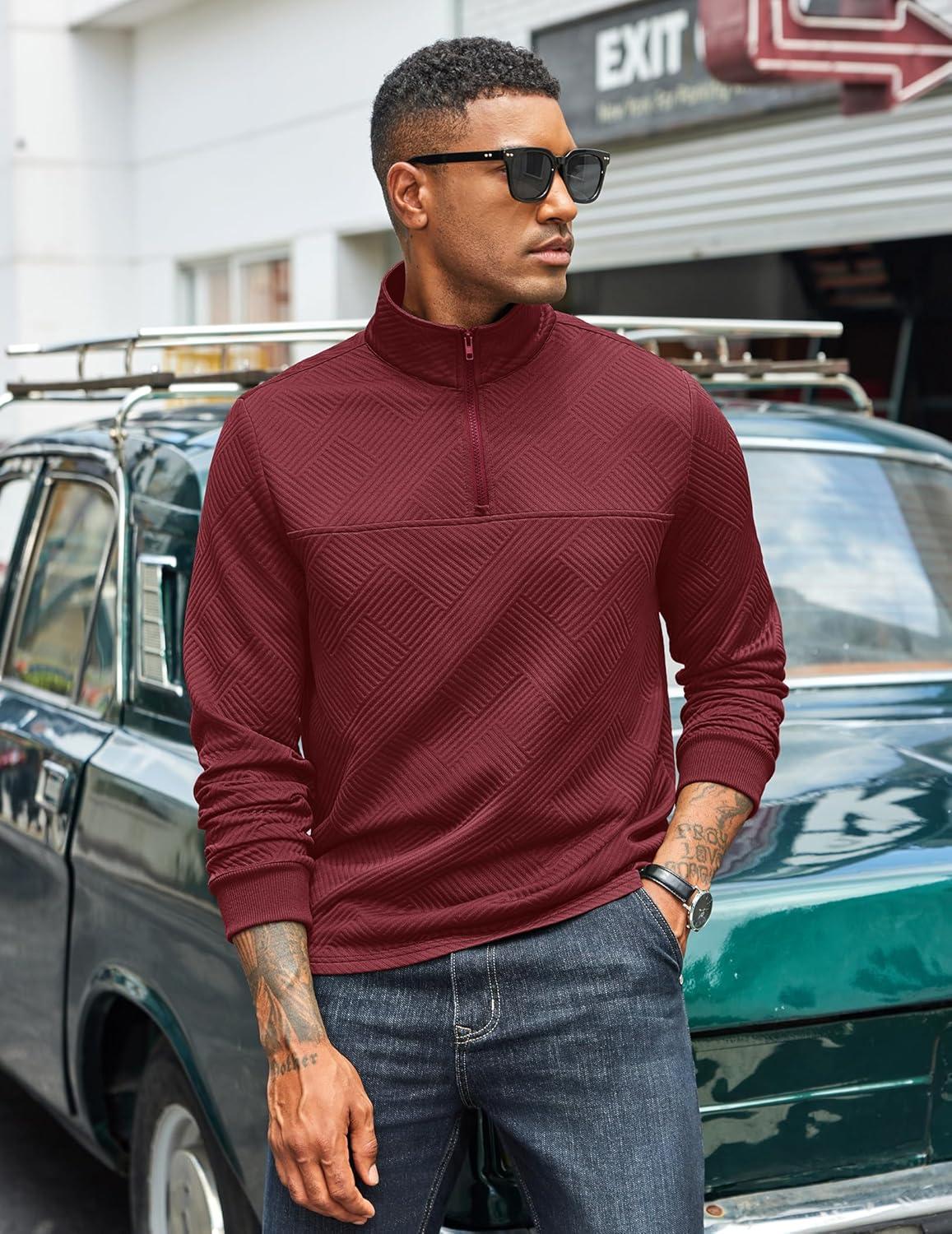 imageCOOFANDY Mens Quarter Zip Pullover Lightweight Textured Sweatshirt Long Sleeve Casual Mock Neck Polo ShirtsWine Red