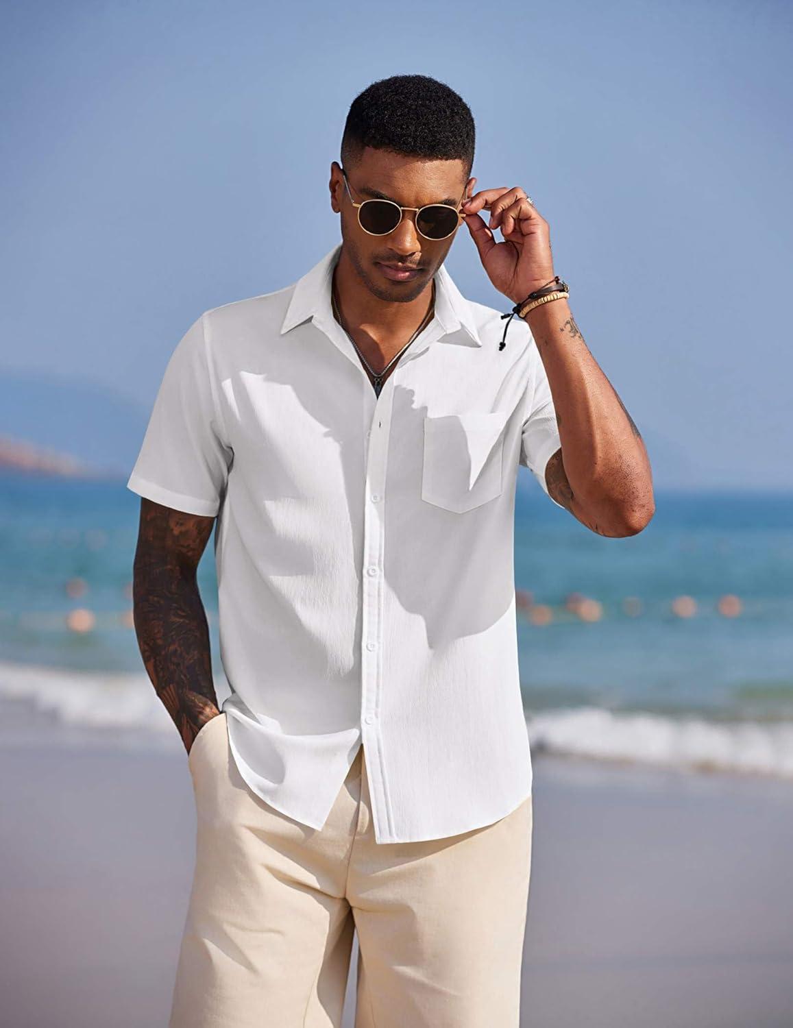 imageCOOFANDY Mens Short Sleeve Button Down Casual Beach ShirtWhite