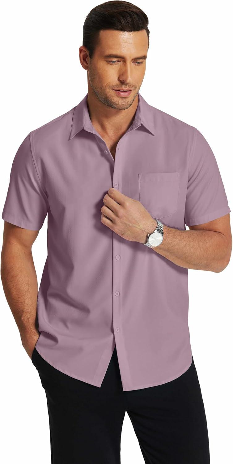 imageCOOFANDY Mens Short Sleeve Dress Shirts Wrinkle Free Regular Fit Dress Shirt Textured Casual Button Down Shirts Fuchsia