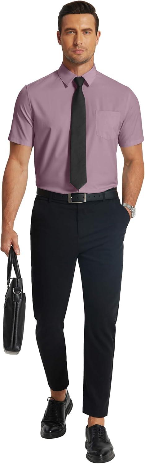 imageCOOFANDY Mens Short Sleeve Dress Shirts Wrinkle Free Regular Fit Dress Shirt Textured Casual Button Down Shirts Fuchsia
