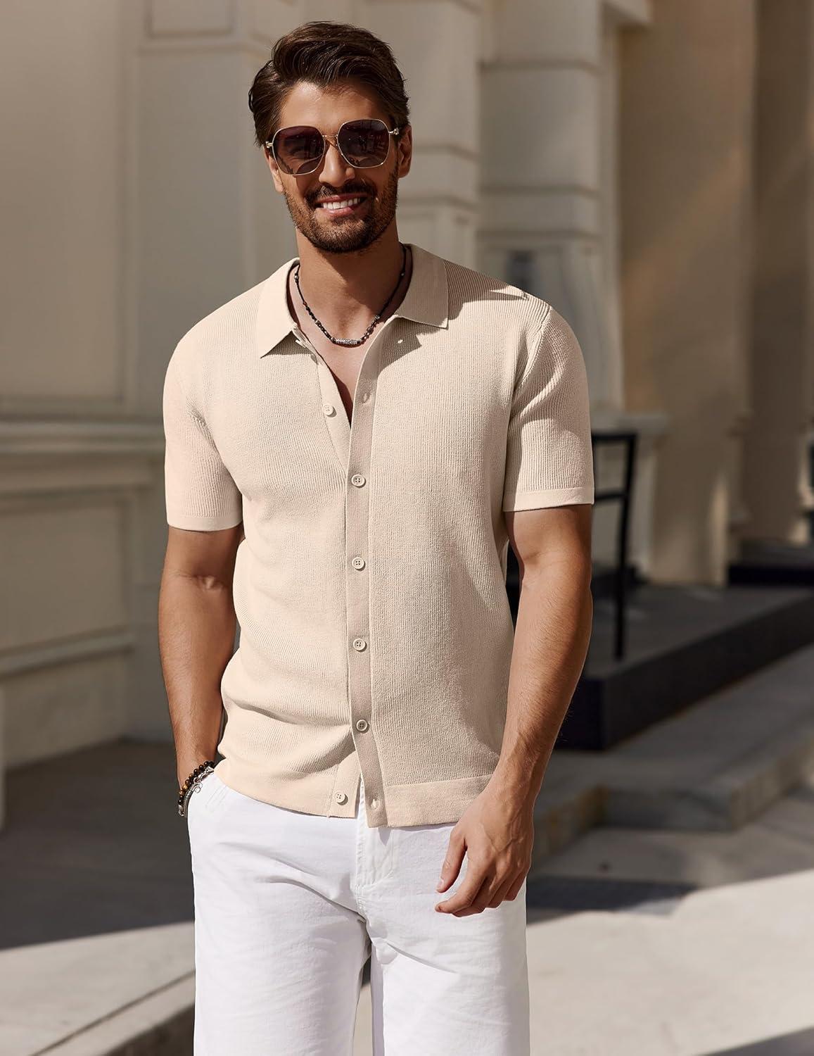 imageCOOFANDY Mens Vintage Knit Shirt Short Sleeve Button Down Polo Shirts for Summer Casual amp VacationApricot