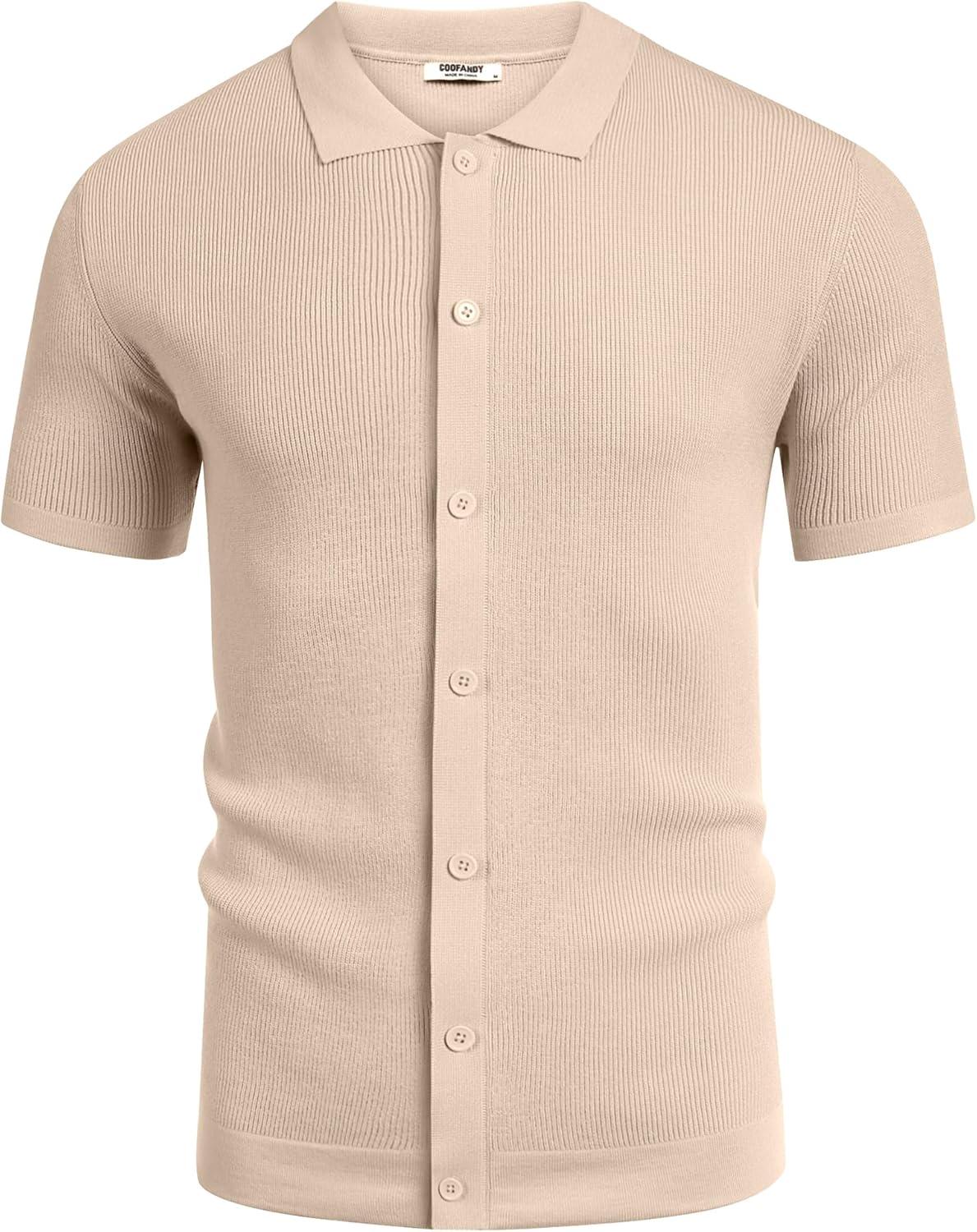 imageCOOFANDY Mens Vintage Knit Shirt Short Sleeve Button Down Polo Shirts for Summer Casual amp VacationApricot