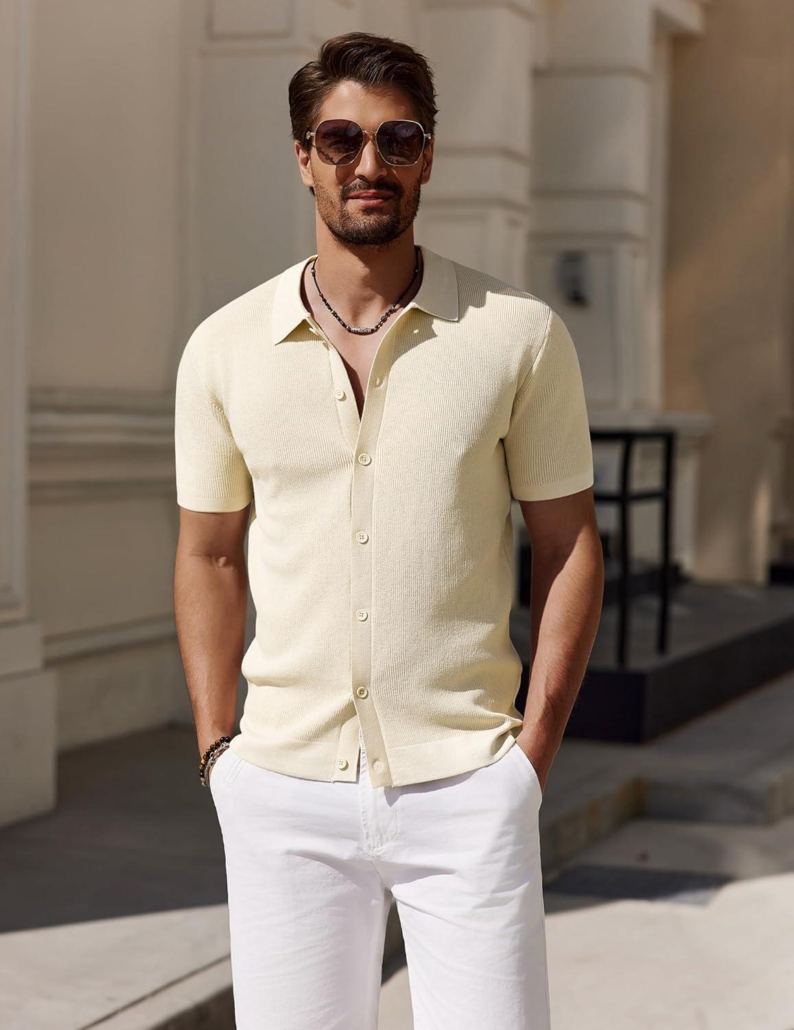 imageCOOFANDY Mens Vintage Knit Shirt Short Sleeve Button Down Polo Shirts for Summer Casual amp VacationBeige