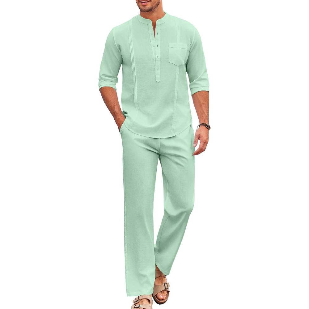 imageCOOFANDY Mens 2 Piece Cotton Sets Casual Long Sleeve Cuban Henley Shirt and Loose Pants Set Beach Vacation OutfitsIce Green