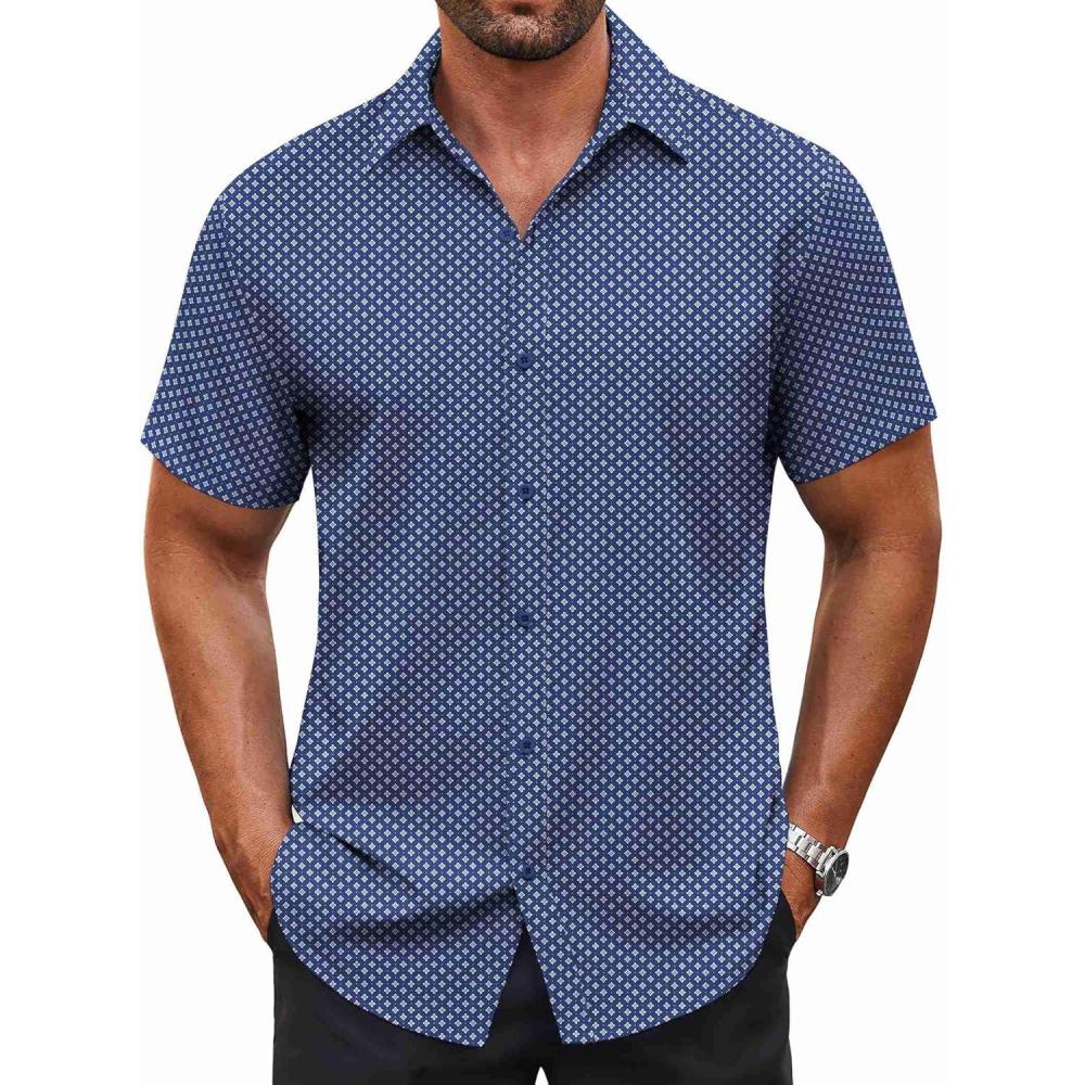 imageCOOFANDY Mens Button Down Shirt Short Sleeve Dress Shirt Casual Beach Summer Wedding ShirtNavy Bluewhite Flower