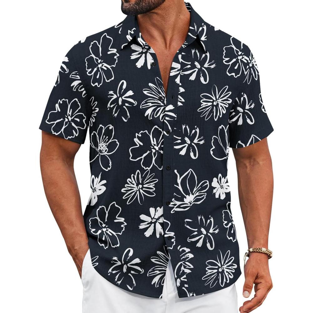 imageCOOFANDY Mens Casual Button Down Shirts Short Sleeve Textured Summer Beach ShirtBlack Floral