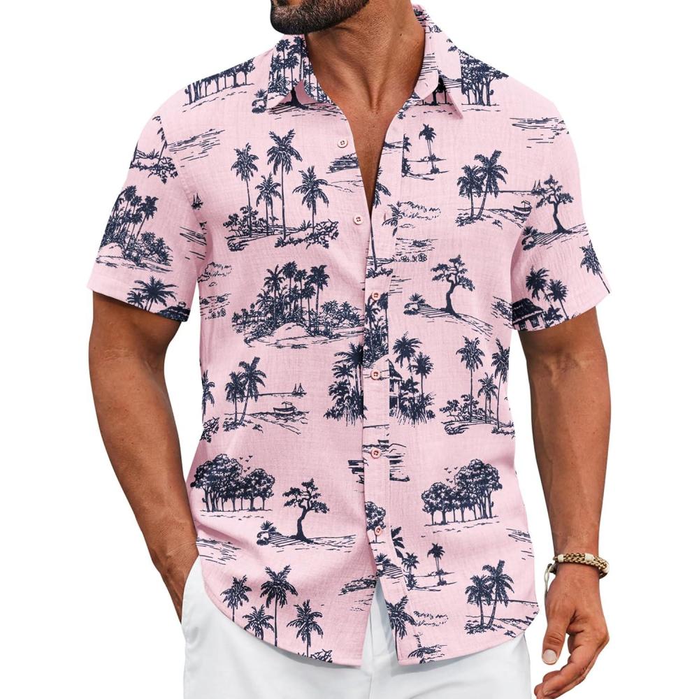 imageCOOFANDY Mens Casual Button Down Shirts Short Sleeve Textured Summer Beach ShirtPinktropical Style