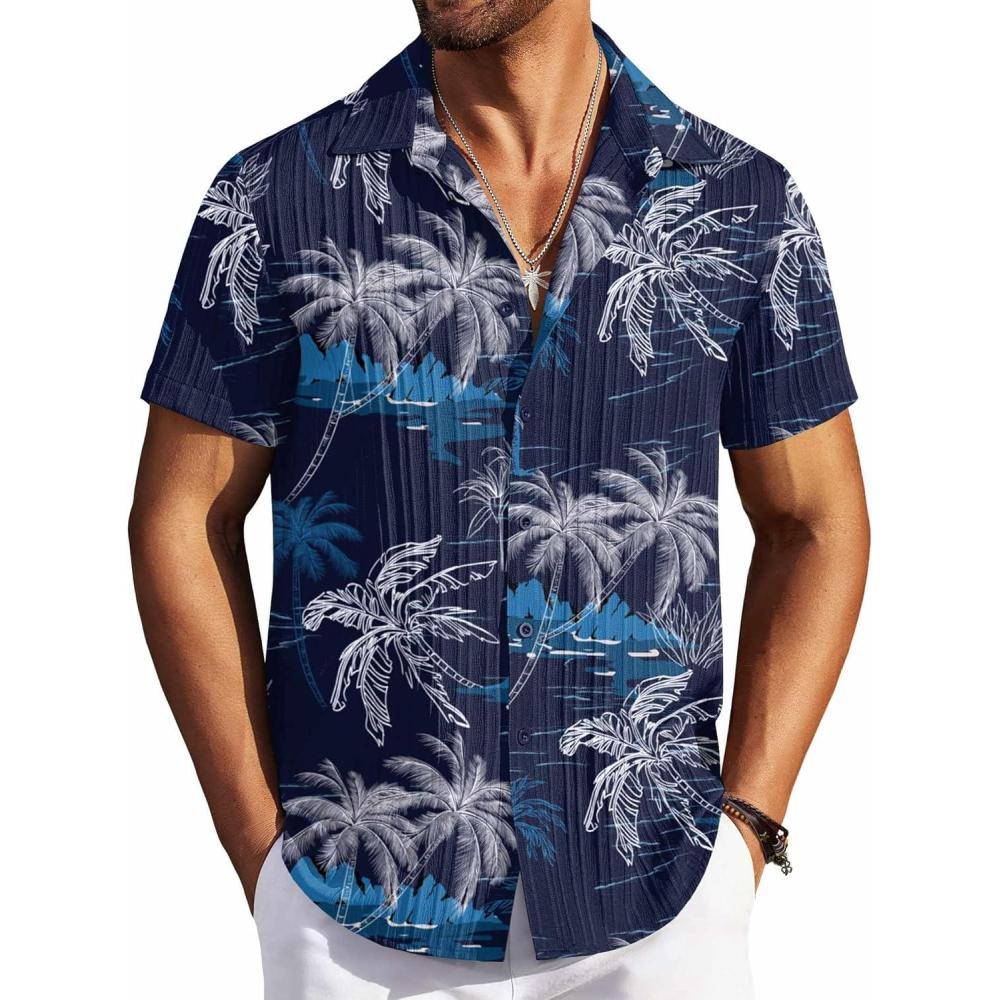 imageCOOFANDY Mens Casual Button Down Shirts Short Sleeve Textured Summer Beach ShirtsBlackcoconut Tree