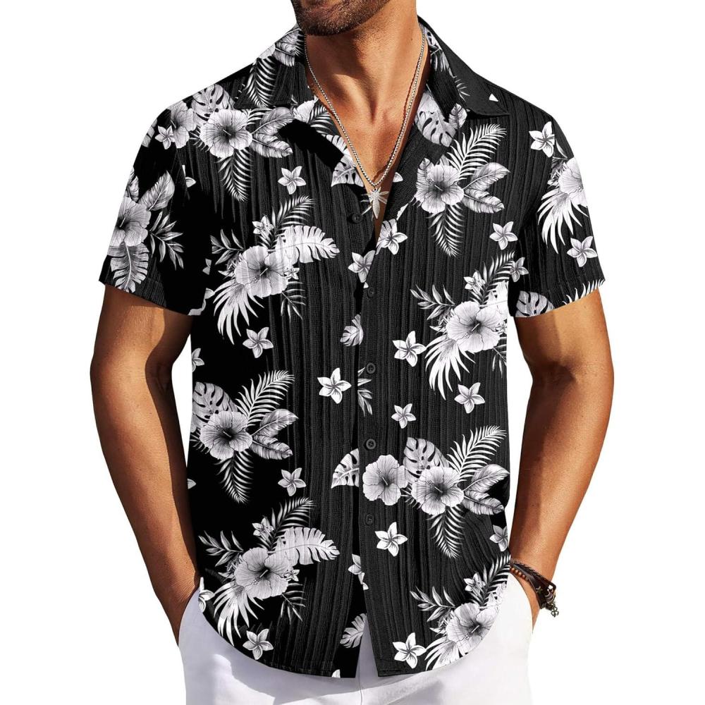imageCOOFANDY Mens Casual Button Down Shirts Short Sleeve Textured Summer Beach ShirtsBlackwhite Flower
