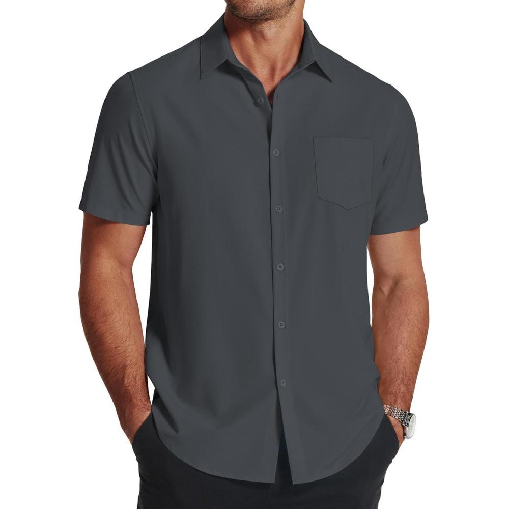 imageCOOFANDY Mens Casual Shirt Short Sleeve Untucked Dress Shirt Vacation Daily Button Down Shirt Grey