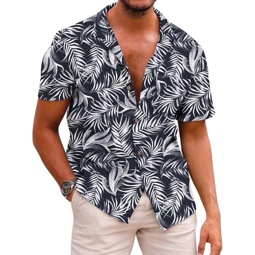 imageCOOFANDY Mens Hawaiian Shirt Short Sleeve Buttoon Down Shirts Casual Tropical Floral Summer Linen ShirtsBlack Tropical Leaf
