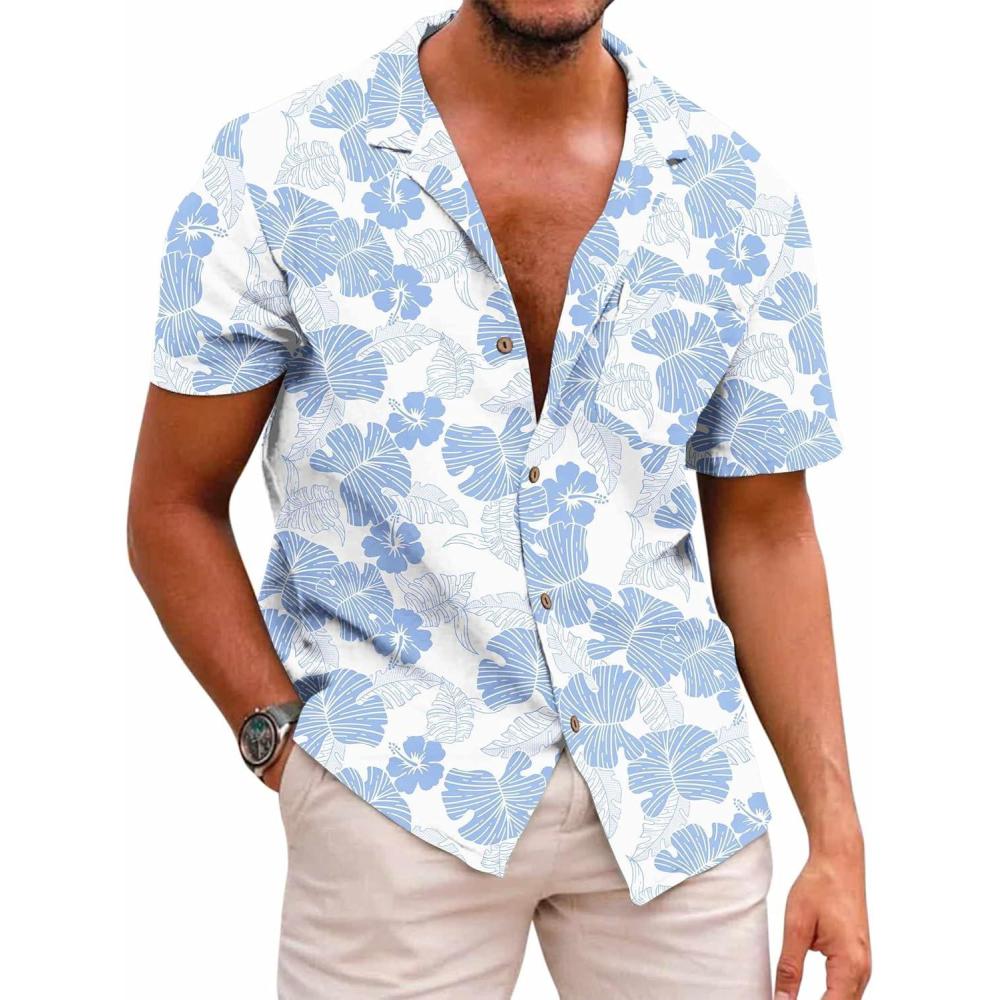 imageCOOFANDY Mens Hawaiian Shirt Short Sleeve Buttoon Down Shirts Casual Tropical Floral Summer Linen ShirtsLight Blue Tropical