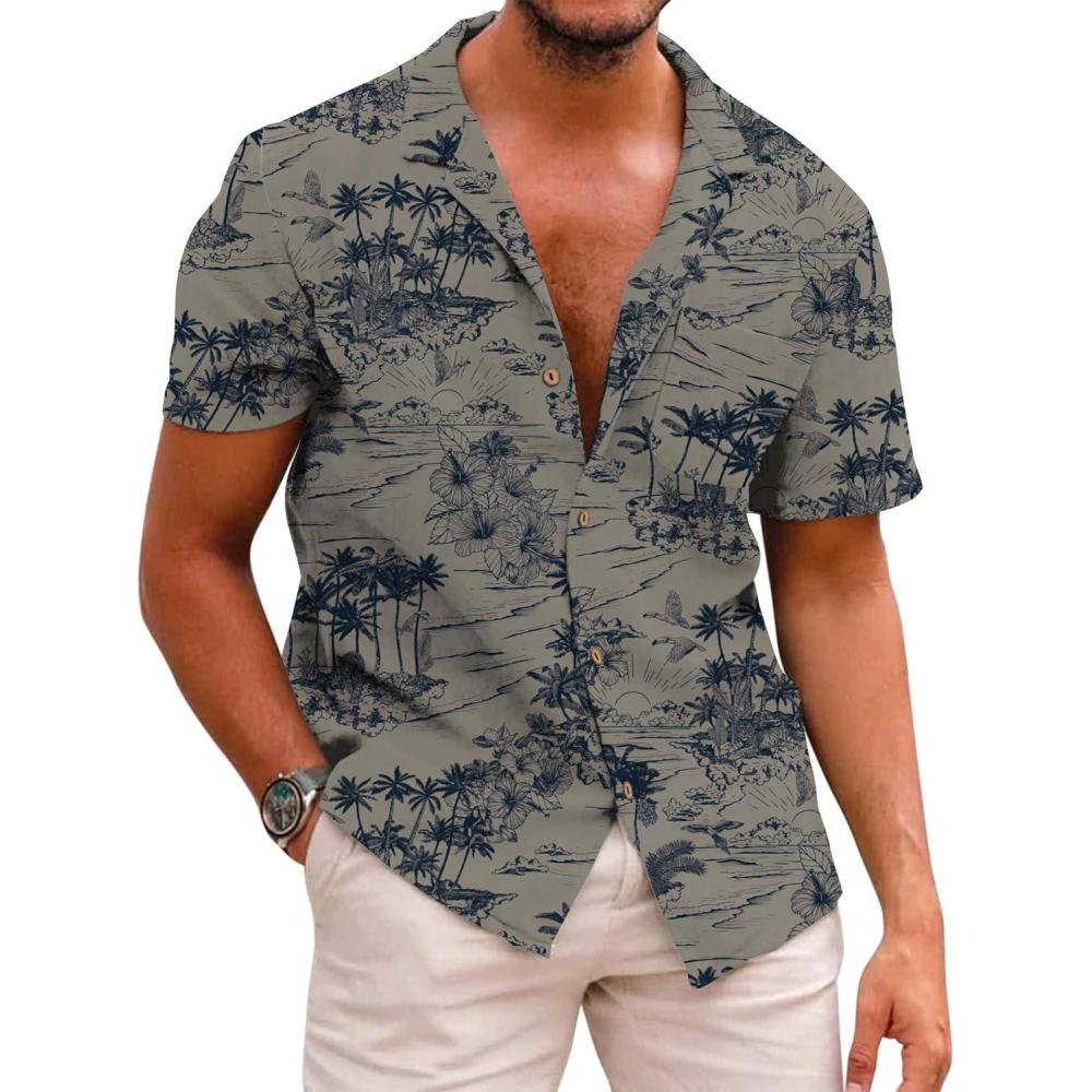 imageCOOFANDY Mens Hawaiian Shirt Short Sleeve Buttoon Down Shirts Casual Tropical Floral Summer Linen ShirtsSafari Palm Khaki