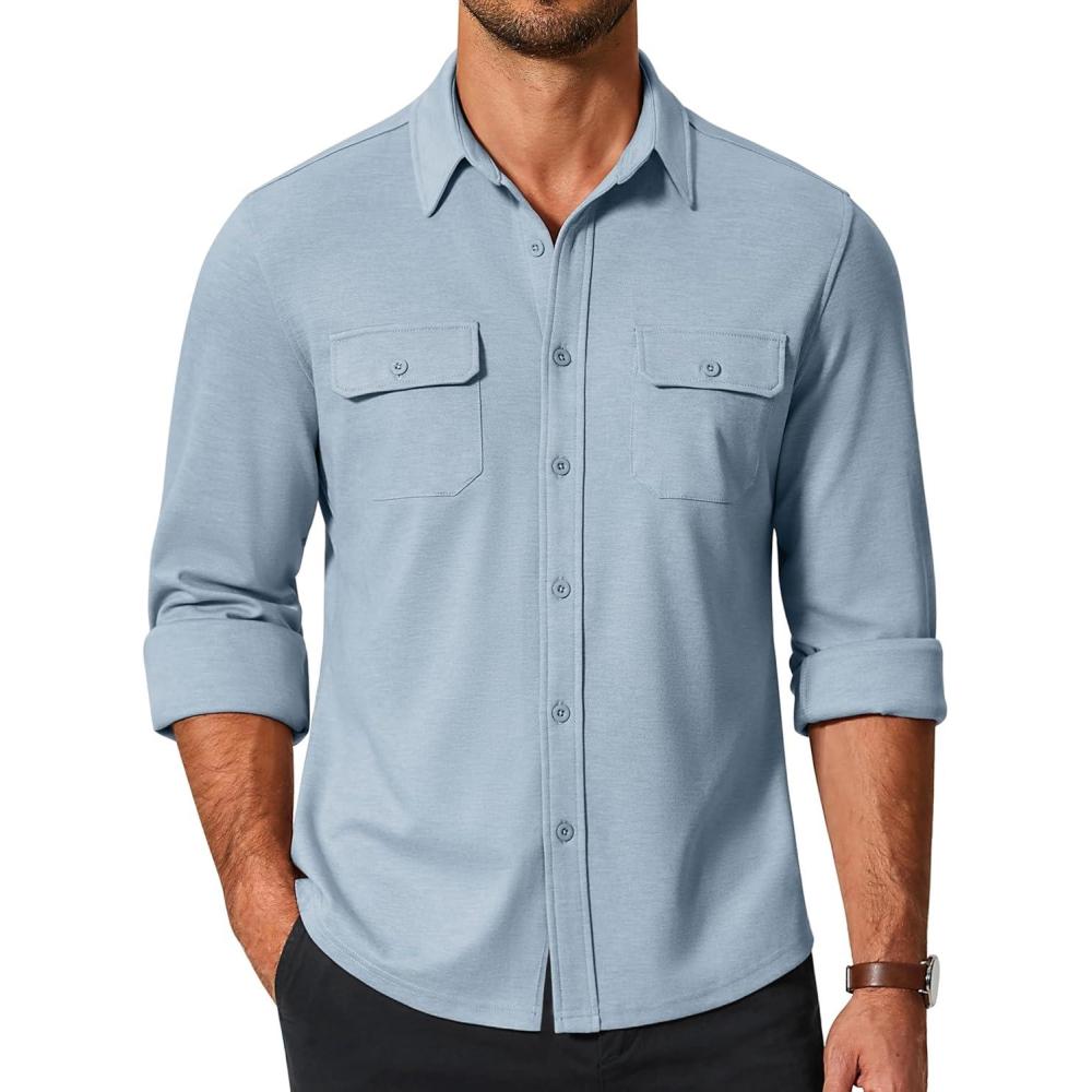 imageCOOFANDY Mens Long Sleeve Shirts Casual Button Down Shirt Wrinkle Free Dress Shirt with PocketClear Blue