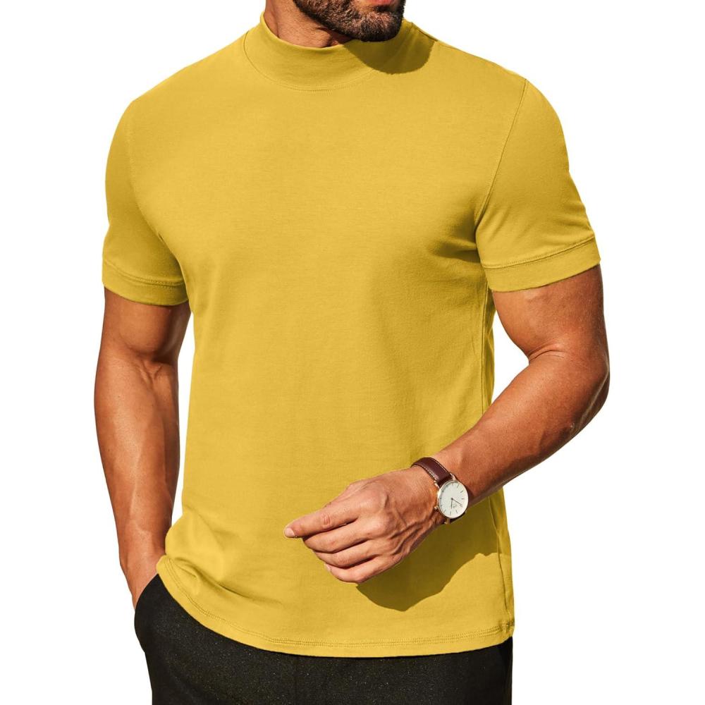 imageCOOFANDY Mens Mock Turtleneck Shirts Casual Premium Cotton Short Sleeve Shirt Basic Half Neck TShirtsYellow